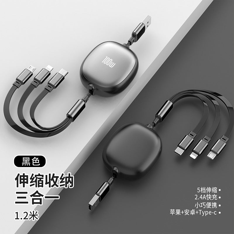One-to-three Data Cable Fast Charging Car Mobile Phone Charging Cable Telescopic Three-in-one Multi-functional Small Gift Custom Logo