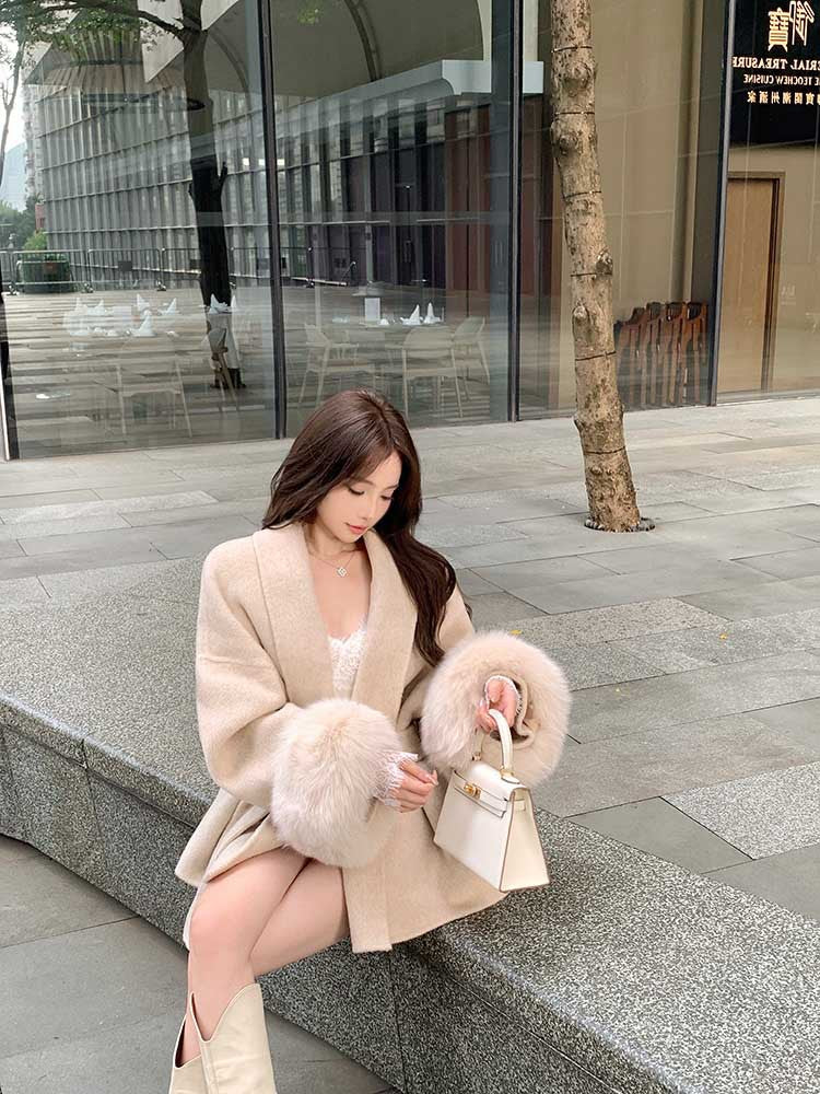 V-neck Lace-up Woolen Coat For Women 2023 Autumn And Winter Long Sleeve Loose High-grade Overcoat Stitching Mid-length Top