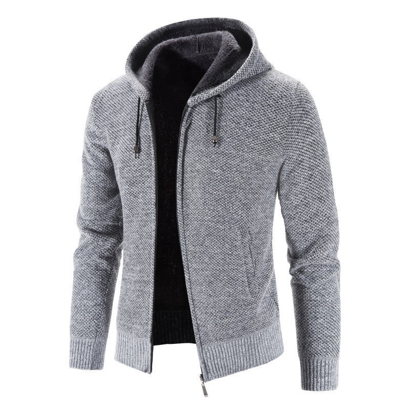 2024 Foreign Trade New Autumn And Winter Fleece-lined Thickened Plus Size Men's Sweater Coat Hooded Zipper Cardigan Warm Sweater