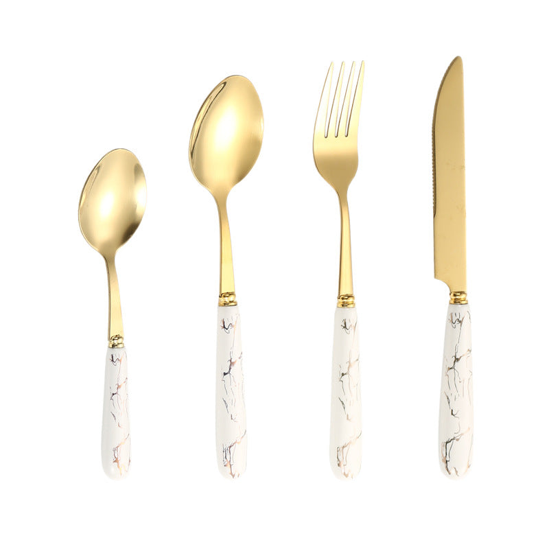 Amazon Cross-border Stainless Steel Tableware 24 Piece Set Marble Pattern Knife Fork Spoon Set Imitation Ceramic Handle Wholesale Ins