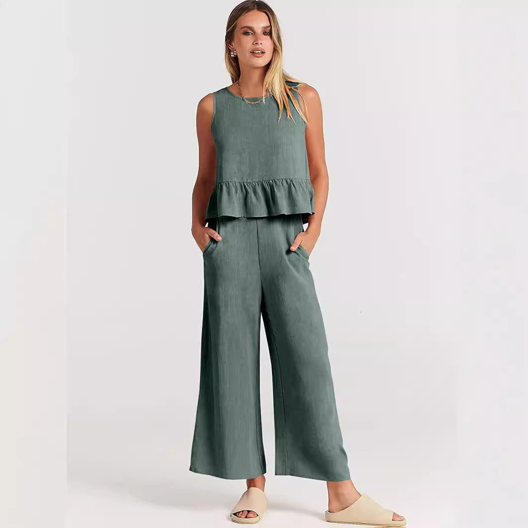 2025 Summer New European And American Export Women's Clothing Amazon Sleeveless Pleated Vest Wide-Leg Nine-Point Pants Casual Suit