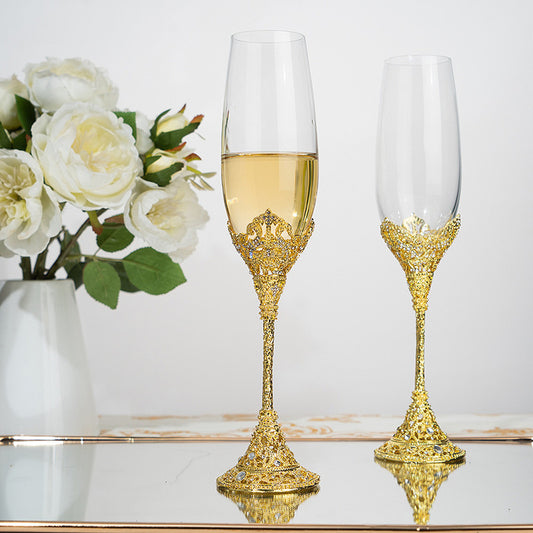 Cross-border Retro Hollow-out High-grade Champagne Mug Household Goblet Crystal Glass Wine Suit Luxury Gift Box