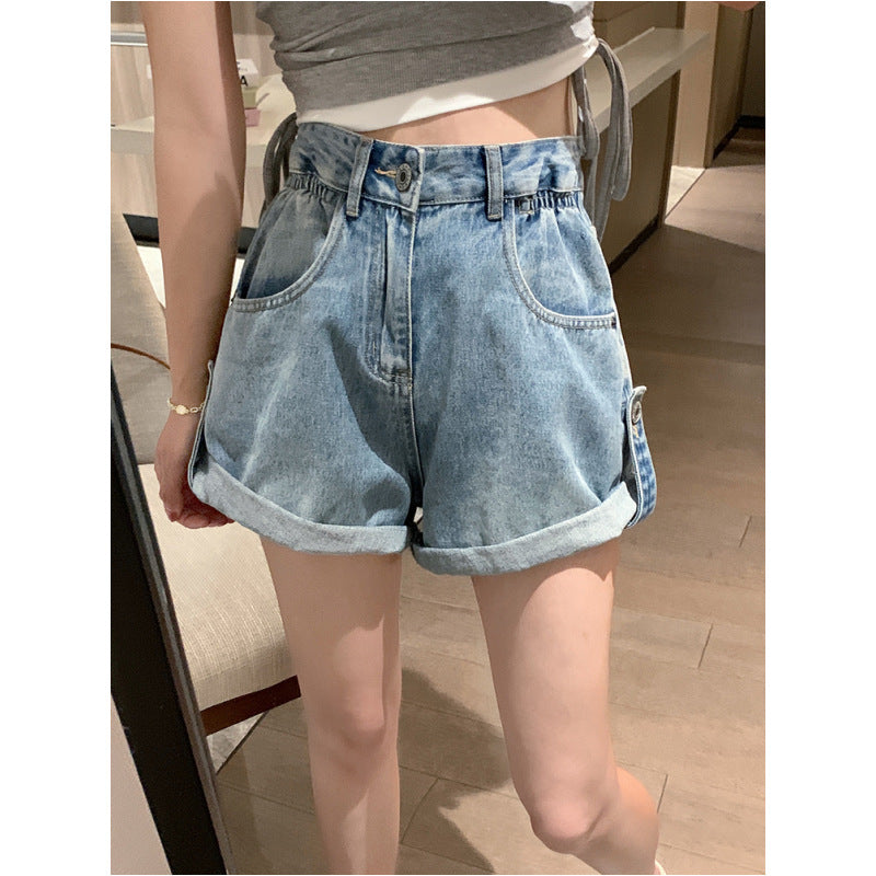 2023 Summer New Arrival High Waist Denim Shorts Women's Loose Curl Edge Flower Bud Wide Leg Pants All-Match Slim A- Line Hot Pants