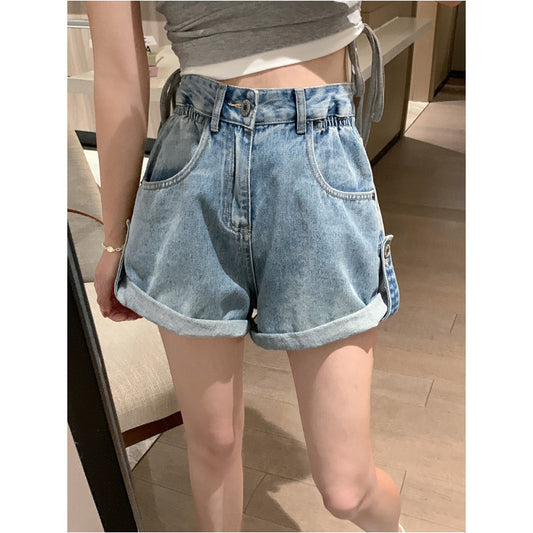 2023 Summer New Arrival High Waist Denim Shorts Women's Loose Curl Edge Flower Bud Wide Leg Pants All-Match Slim A- Line Hot Pants