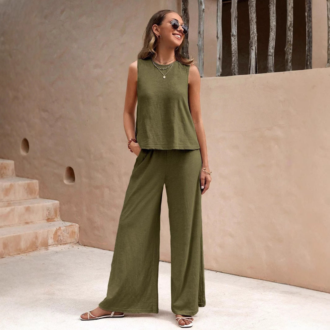2025 New Summer Trousers Two-Piece Set For Women European And American Trendy Versatile Loose Pullover Round Neck Casual Suit For Women