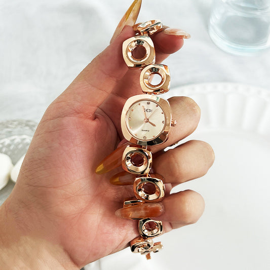 Goldie Light Luxury Irregular Bracelet Watch Temperament Artistic High-end Sense Quartz Watch Women's Outer Round Inner Alloy Watch
