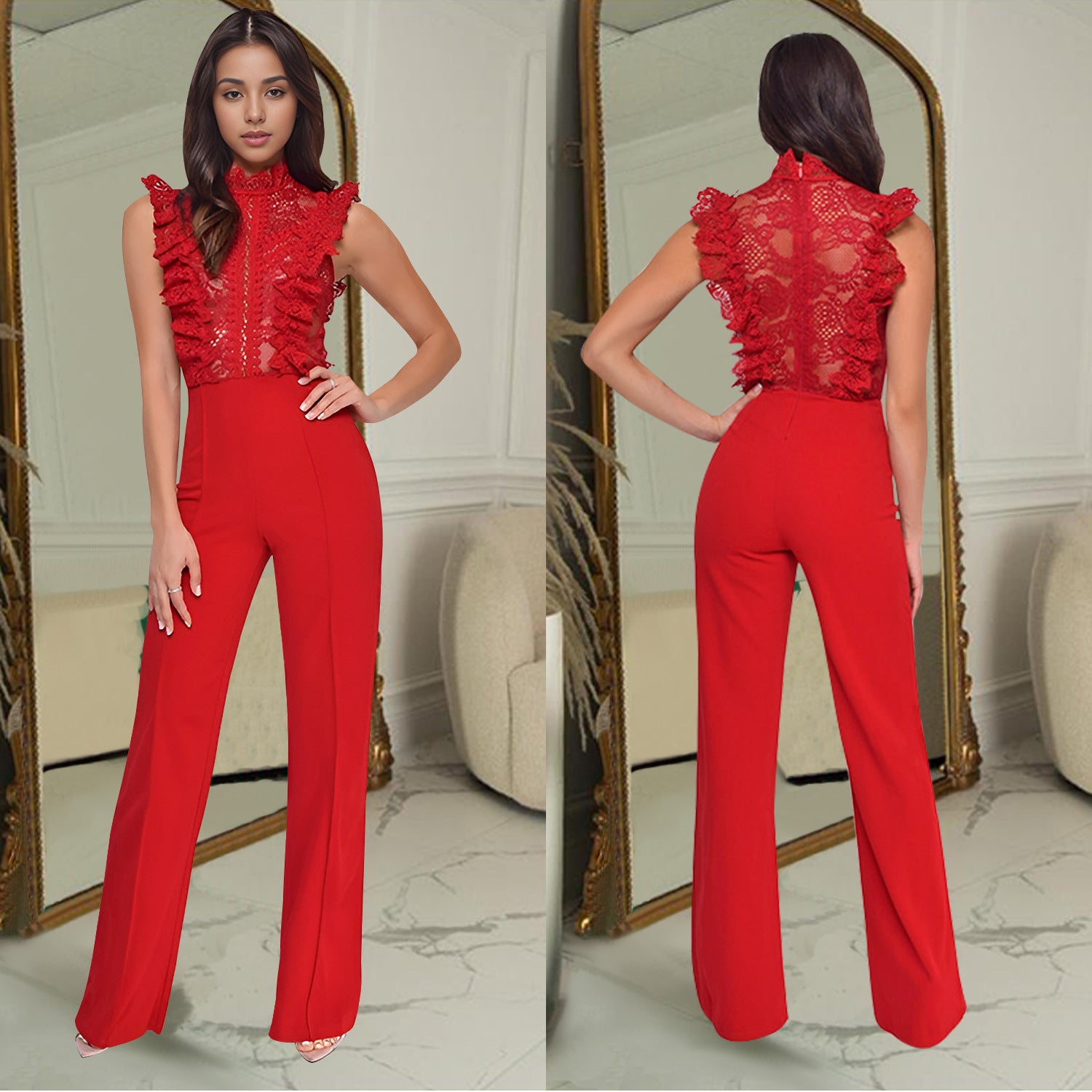 C7038 Cross-border AliExpress Amazon Independent Station European And American Fashion Women's Solid Color Sleeveless Mesh Jumpsuit New