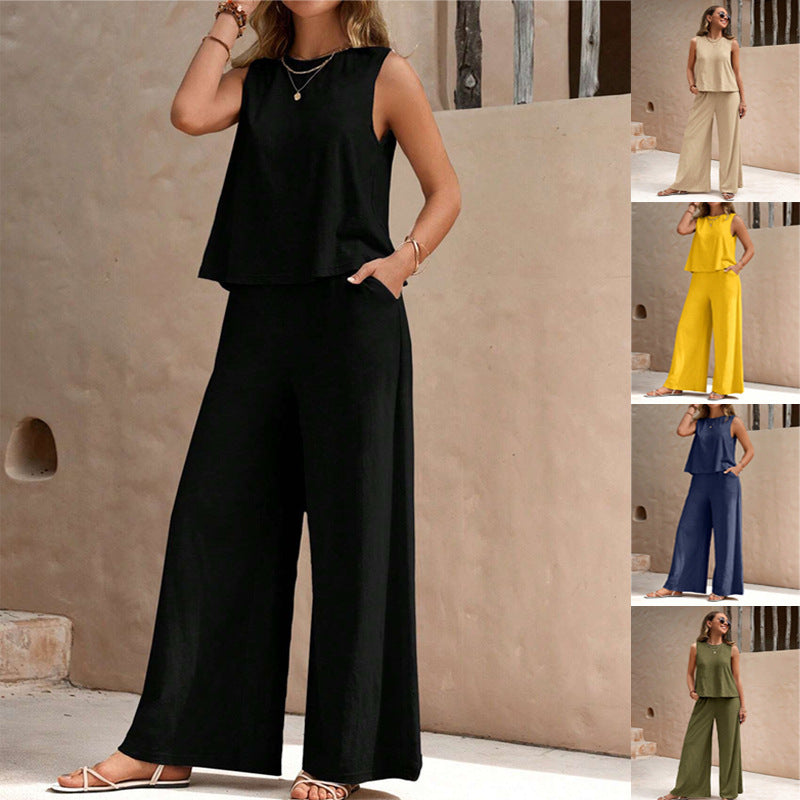 2025 New Summer Trousers Two-Piece Set For Women European And American Trendy Versatile Loose Pullover Round Neck Casual Suit For Women