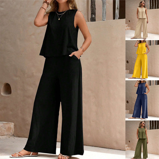 2025 New Summer Trousers Two-Piece Set For Women European And American Trendy Versatile Loose Pullover Round Neck Casual Suit For Women