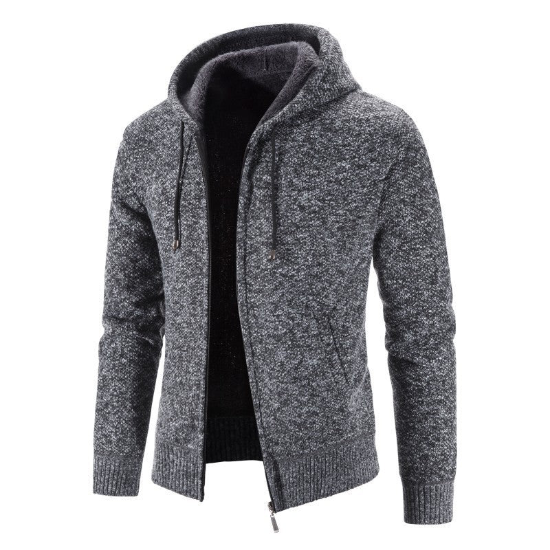 2024 Foreign Trade New Autumn And Winter Fleece-lined Thickened Plus Size Men's Sweater Coat Hooded Zipper Cardigan Warm Sweater
