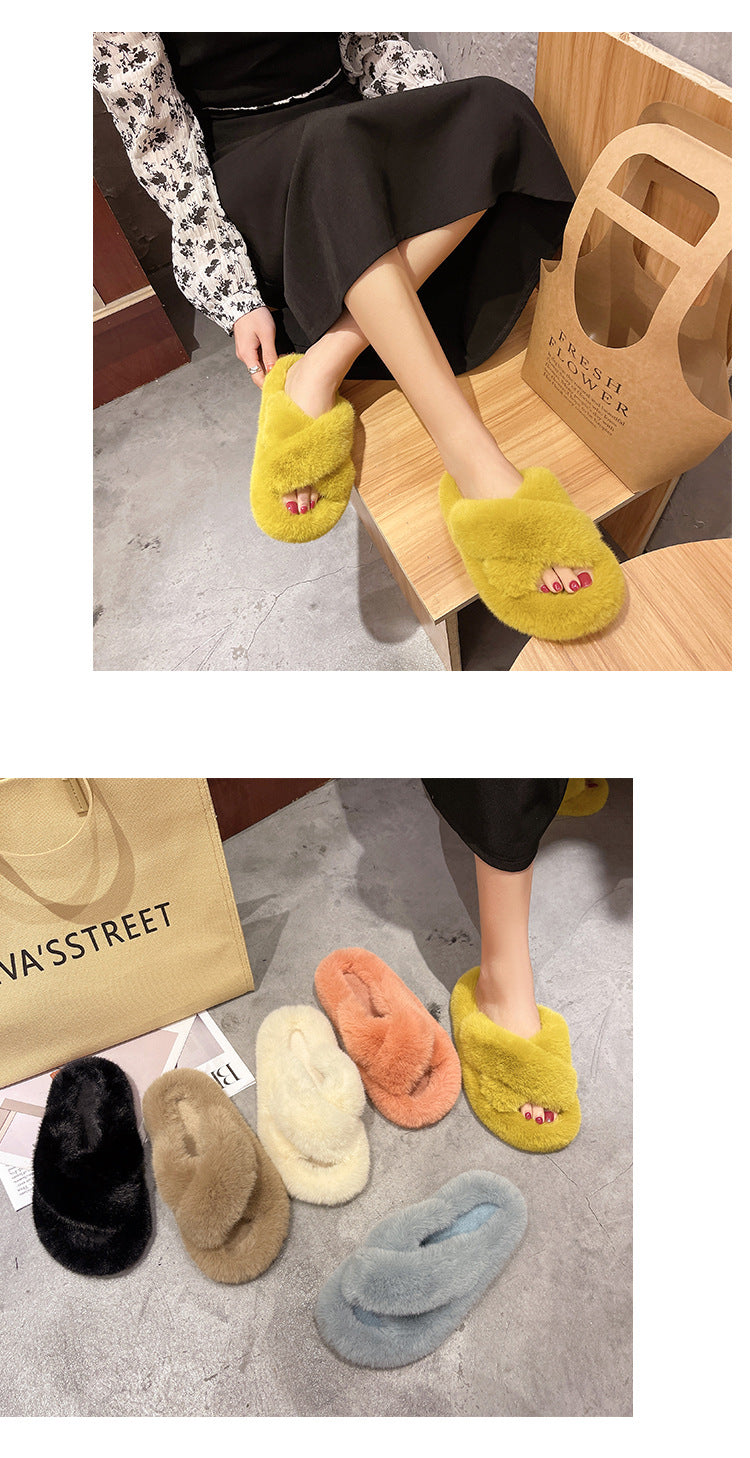Plus Size New Style Of Autumn And Winter Korean Style All-Match Outer Wear Flat Bottom Fashionable Hairy Women's Slippers