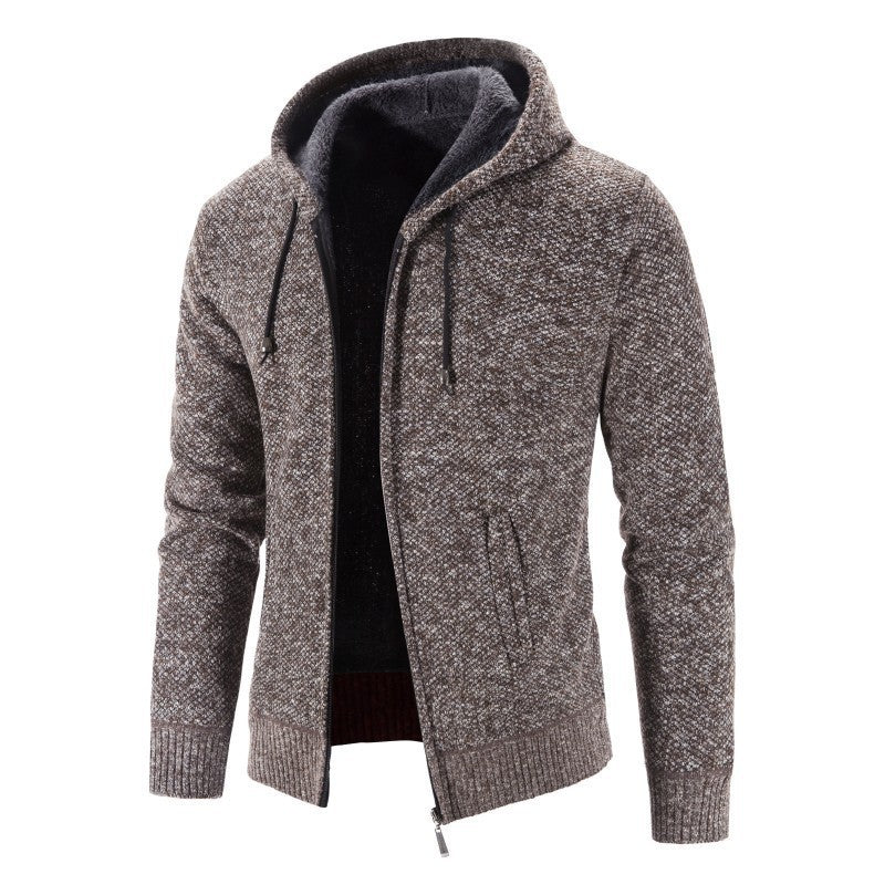 2024 Foreign Trade New Autumn And Winter Fleece-lined Thickened Plus Size Men's Sweater Coat Hooded Zipper Cardigan Warm Sweater