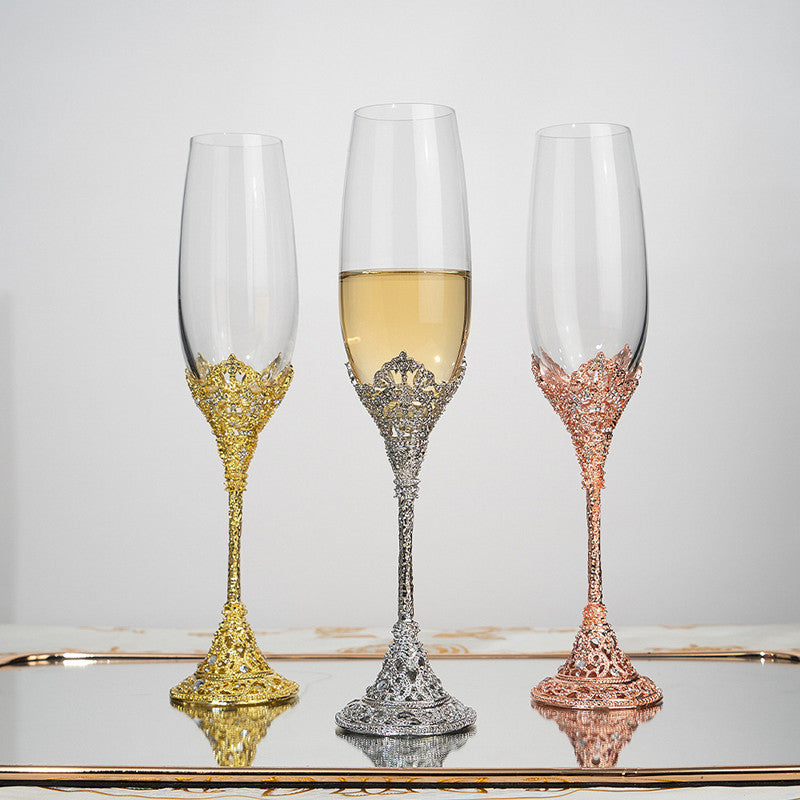 Cross-border Retro Hollow-out High-grade Champagne Mug Household Goblet Crystal Glass Wine Suit Luxury Gift Box