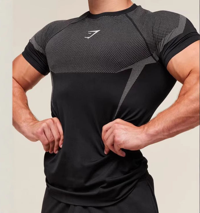 Amazon Foreign Trade Men's Short Sleeve GYM Sports Fitness Running Training Clothing Stretch Fashion Printed Round Neck T-Shirt
