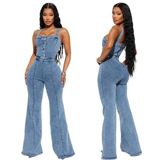 354 Women's Fashion Casual Sexy Strap Denim Jumpsuit Wide Leg Pants Flared Pants