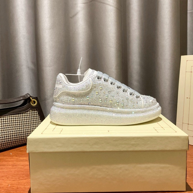 Rhinestone-Encrusted Black Diamond Star's New Same Style Height-Increasing Male And Female Couple Genuine Cowhide Platform Grai Mcqueen White Shoes Thick Soles