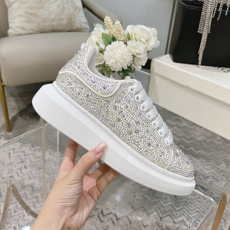 Rhinestone-Encrusted Black Diamond Star's New Same Style Height-Increasing Male And Female Couple Genuine Cowhide Platform Grai Mcqueen White Shoes Thick Soles