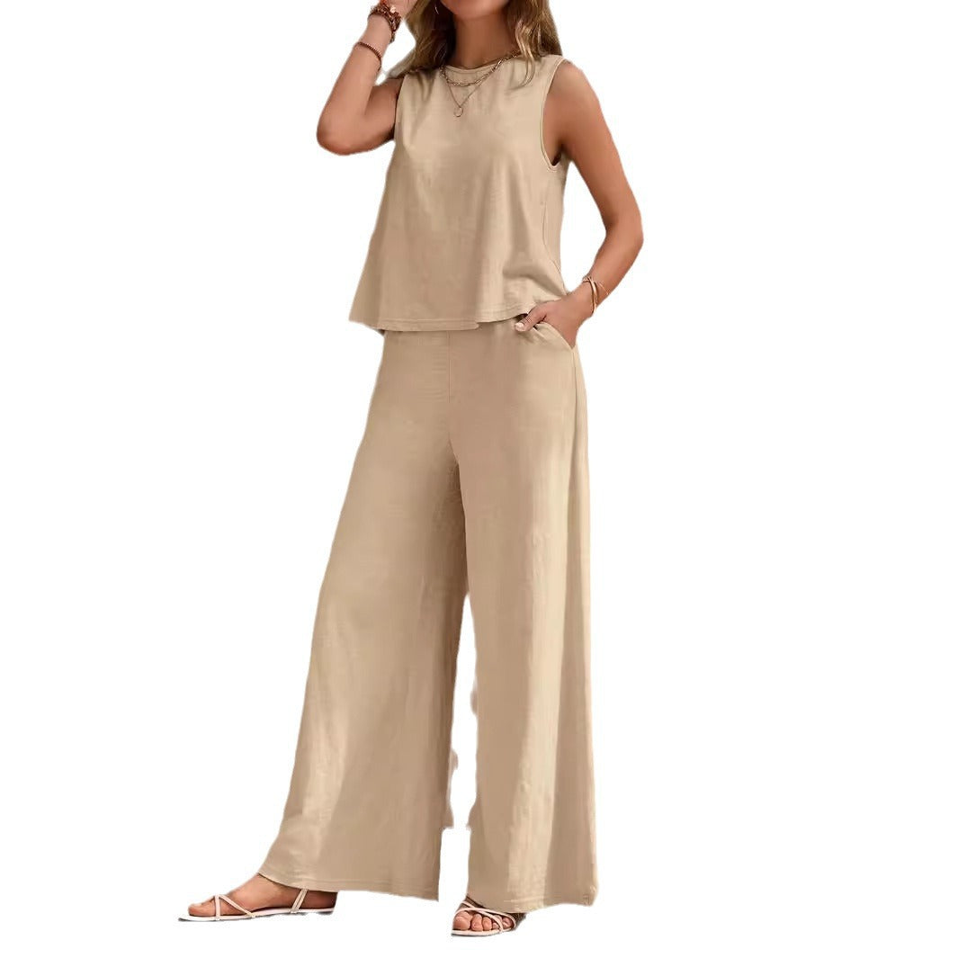2025 New Summer Trousers Two-Piece Set For Women European And American Trendy Versatile Loose Pullover Round Neck Casual Suit For Women