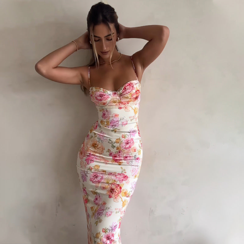 Vacation Suspender Skirt French Flower Print Sexy Breast-revealing Dress European And American Elegant Fashion Long Skirt Dress Women