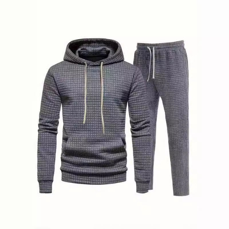 2023 Cross-border Amazon Autumn And Winter Men's Long Sleeve, European And American Casual Jacquard Small Square Hooded Sports Suit