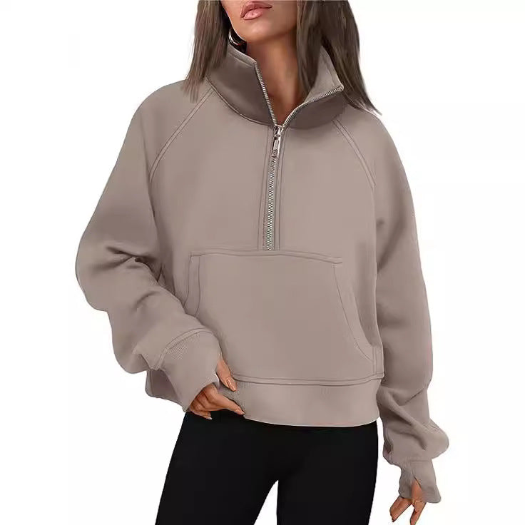 2023 European And American Cross-border Autumn And Winter New Women's Sports Half-zip Yoga Wear Loose Stand-up Collar Fleece-lined Sweatshirt