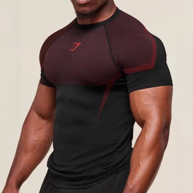 Amazon Foreign Trade Men's Short Sleeve GYM Sports Fitness Running Training Clothing Stretch Fashion Printed Round Neck T-Shirt
