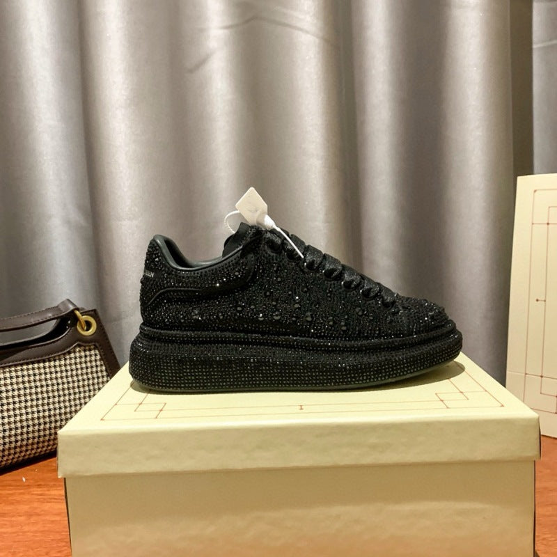 Rhinestone-Encrusted Black Diamond Star's New Same Style Height-Increasing Male And Female Couple Genuine Cowhide Platform Grai Mcqueen White Shoes Thick Soles