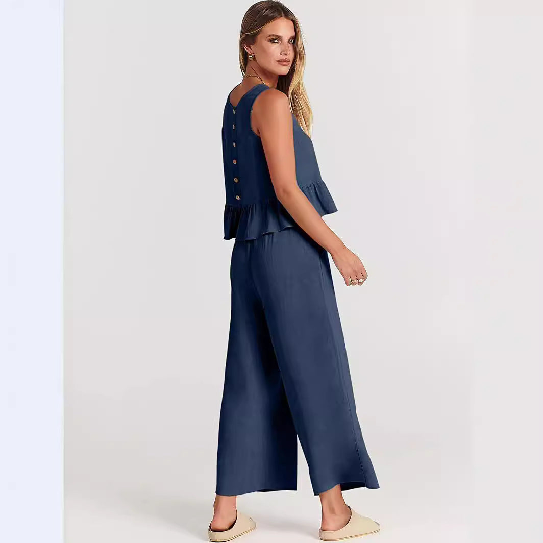 2025 Summer New European And American Export Women's Clothing Amazon Sleeveless Pleated Vest Wide-Leg Nine-Point Pants Casual Suit