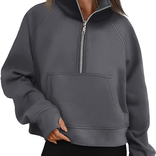 2023 European And American Cross-border Autumn And Winter New Women's Sports Half-zip Yoga Wear Loose Stand-up Collar Fleece-lined Sweatshirt