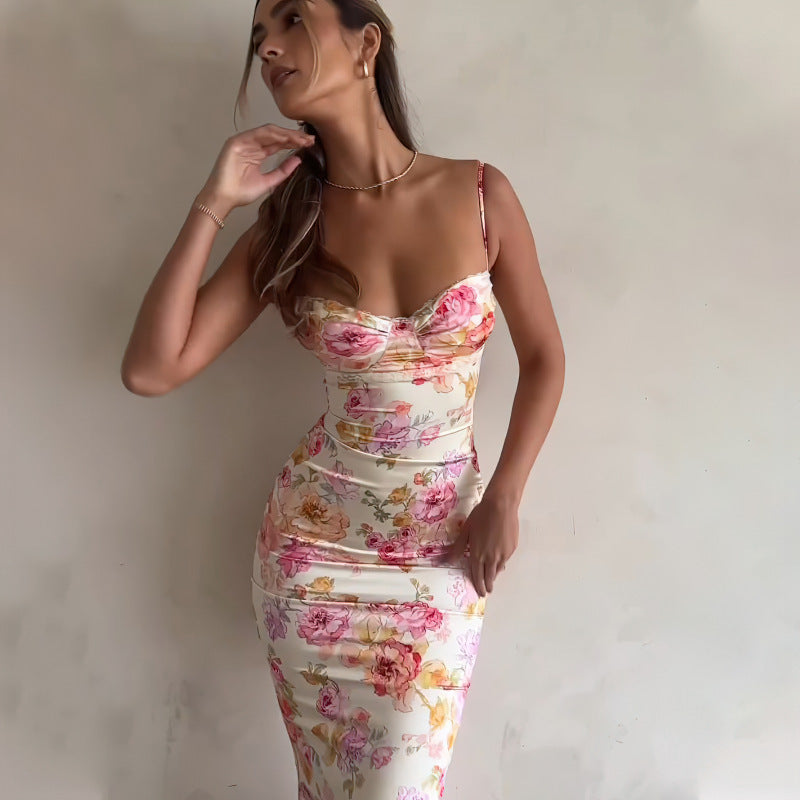 Vacation Suspender Skirt French Flower Print Sexy Breast-revealing Dress European And American Elegant Fashion Long Skirt Dress Women