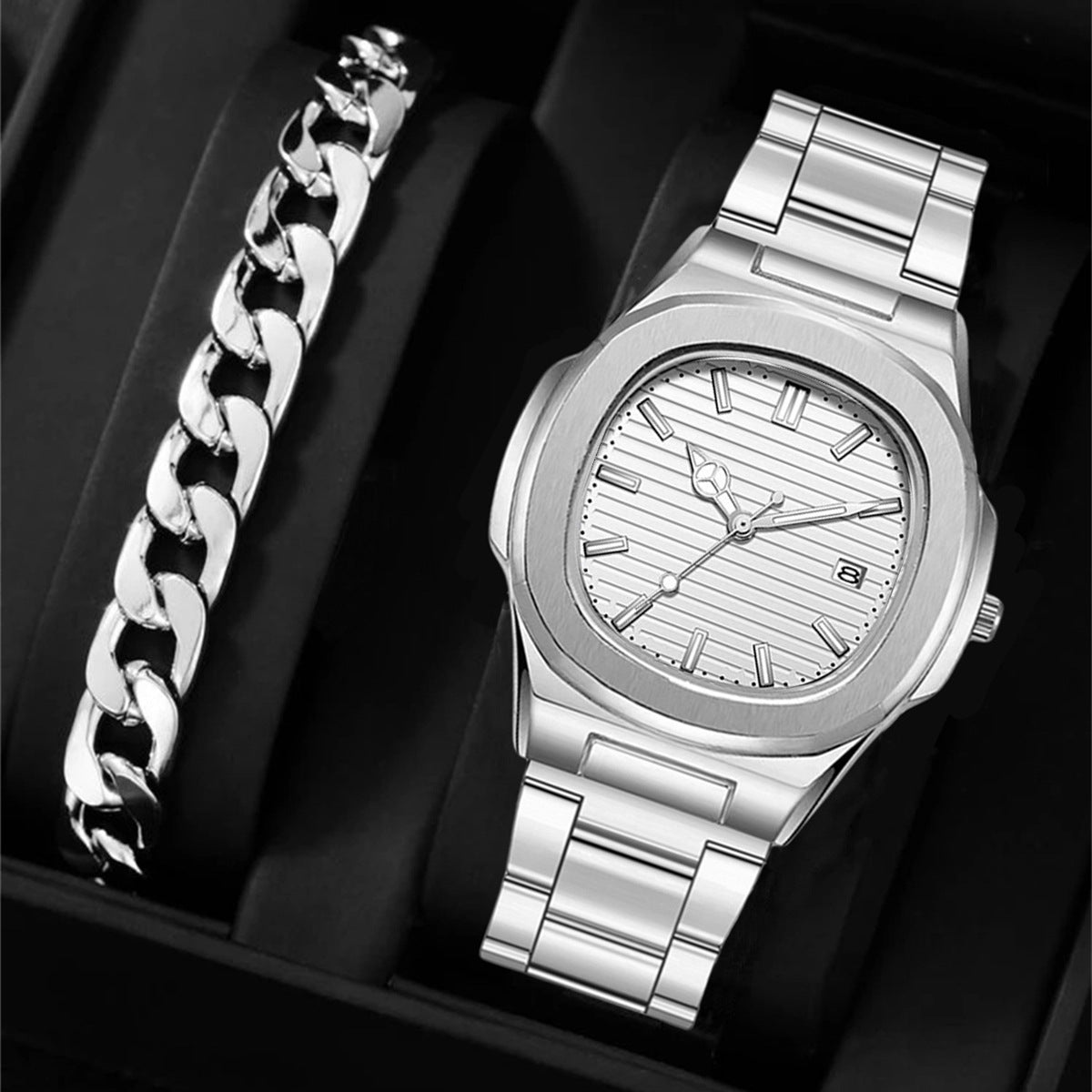 Cross-border Fashion Classic Square Calendar Watch Wholesale Trend Sports Steel Band Wrist Watch Watch Business Cross-border Explosions