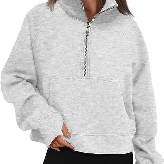 2023 European And American Cross-border Autumn And Winter New Women's Sports Half-zip Yoga Wear Loose Stand-up Collar Fleece-lined Sweatshirt