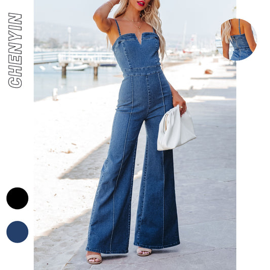Ins New European And American Women's Summer Jumpsuit · Cotton Washed Blue Denim Suspenders Tight Skinny High Elastic Trousers