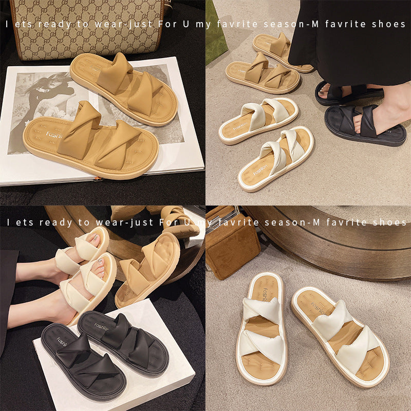 Sofa Slippers Soft Flat Bottom Slides Women's 2024 Summer New Outer Wear Kink Comfortable Sandals