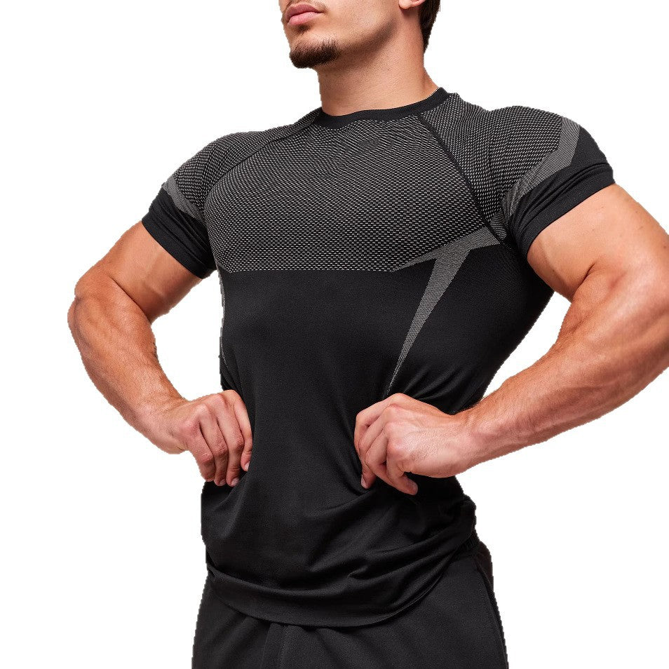 Amazon Foreign Trade Men's Short Sleeve GYM Sports Fitness Running Training Clothing Stretch Fashion Printed Round Neck T-Shirt