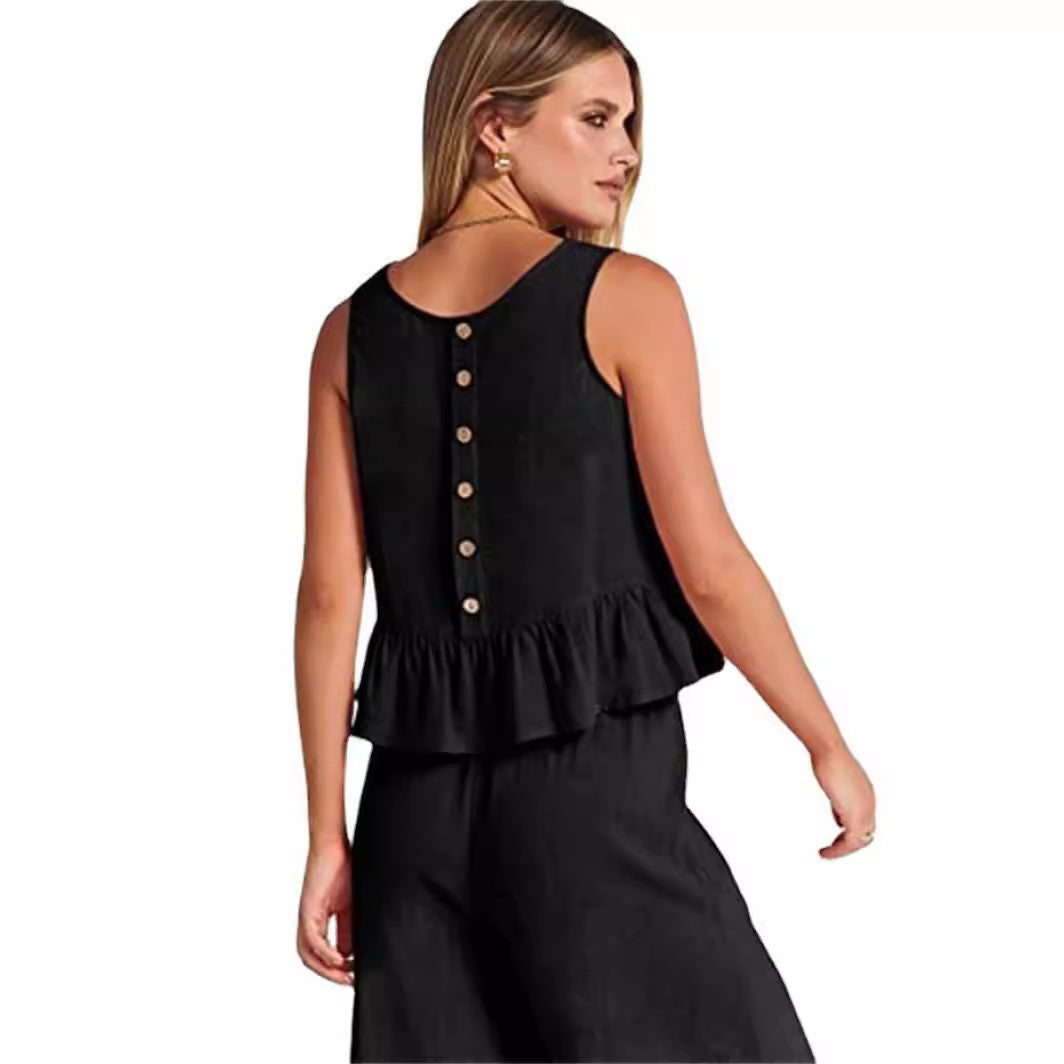 2025 Summer New European And American Export Women's Clothing Amazon Sleeveless Pleated Vest Wide-Leg Nine-Point Pants Casual Suit