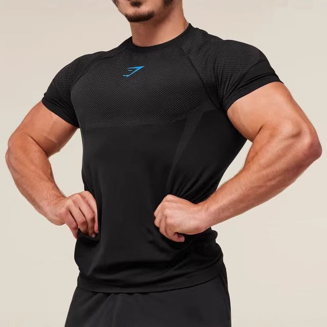 Amazon Foreign Trade Men's Short Sleeve GYM Sports Fitness Running Training Clothing Stretch Fashion Printed Round Neck T-Shirt