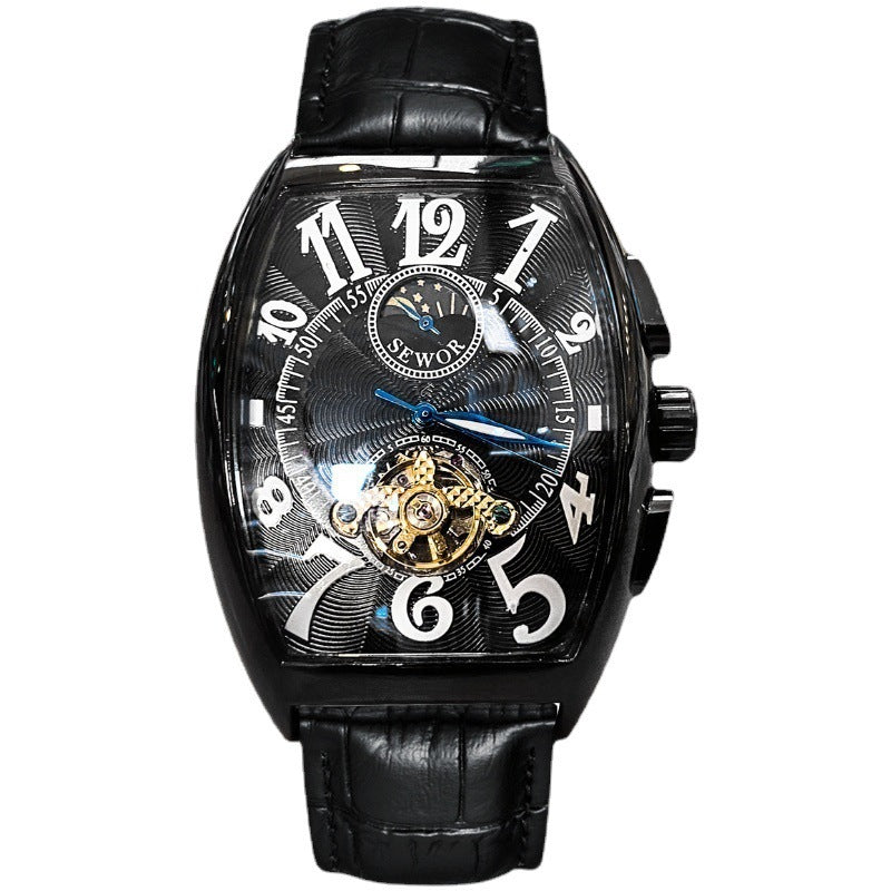 Barrel-Shaped Fully Automatic Skeleton Mechanical Watch For Men, Business Casual, Stylish And Multifunctional Watch