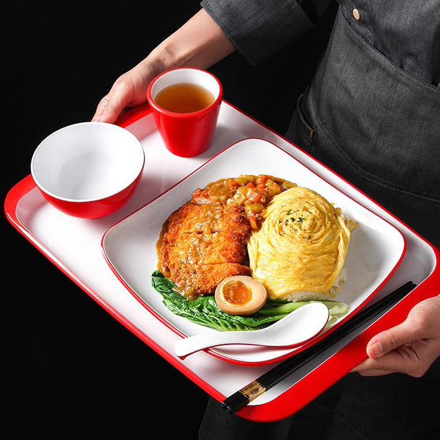 Melamine Covered Rice Plate Commercial Canteen Fast Food Restaurant Roast Meat Pork Feet Rice Braised Pork Rice Fried Rice Noodles Special Square Plate