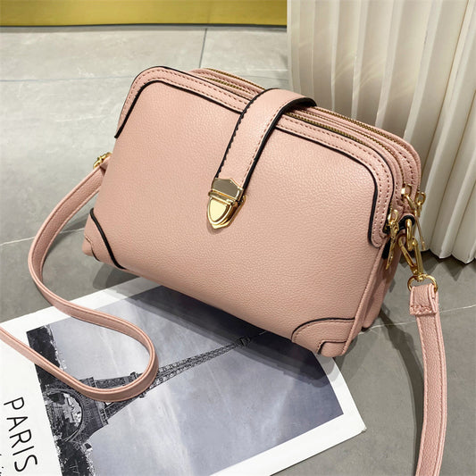 2022 New Pure Color Multi-Layer Splicing Soft Leather Texture Large Capacity Single Shoulder Crossbody Simple Cross-Border Women's Bag Small Bag