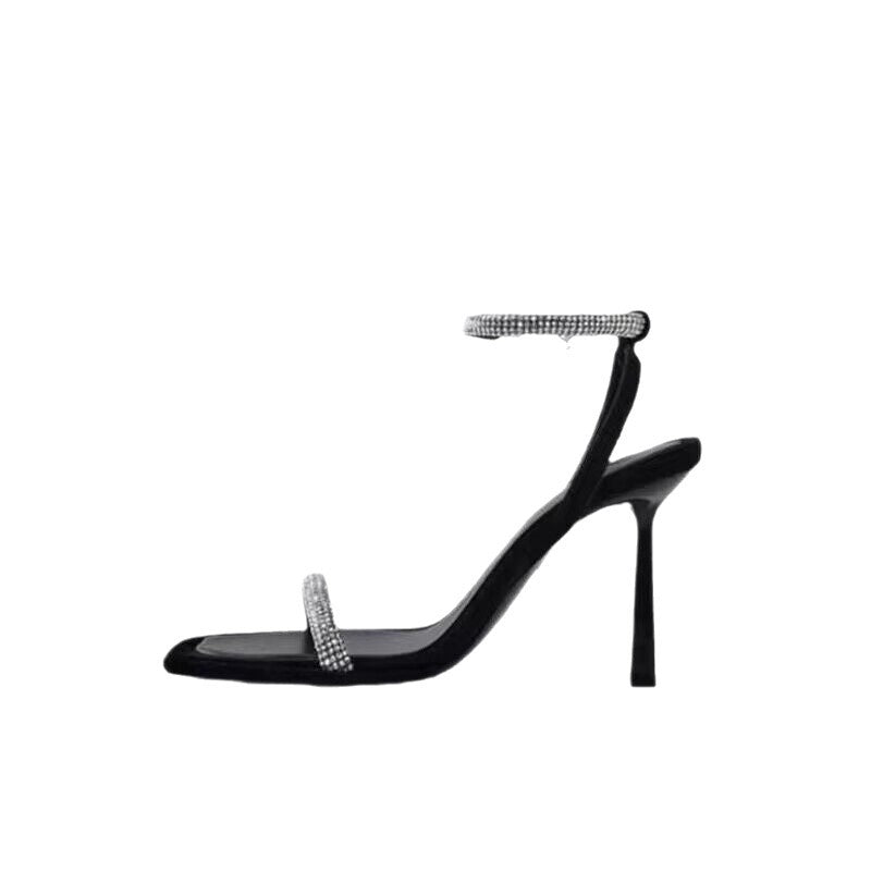 Large Size Foreign Trade Rhinestone High-Heeled Sandals For Women Summer New Cross-Border Square Toe Open Toe Elegant European And American One-Strap Sandals