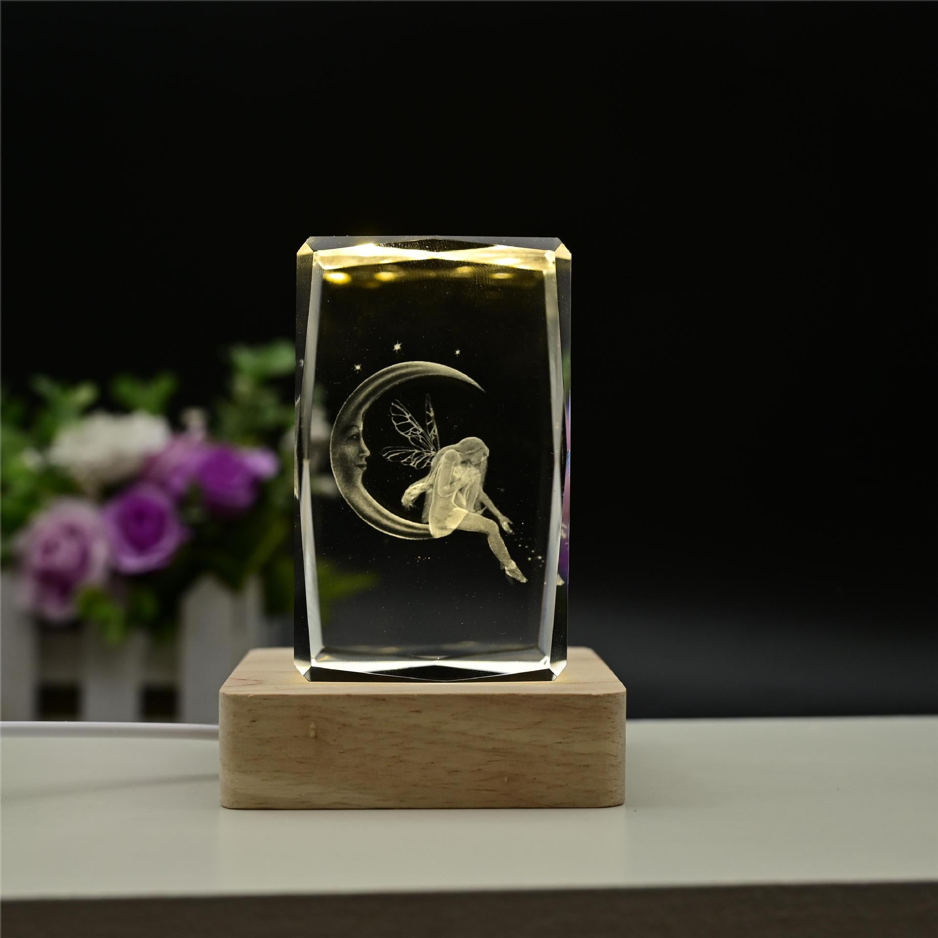 Crystal Nightlight Decorative Ornaments Goblins Fairy Fairy Moon Elves 3D Inner Carving Cross-border Explosion