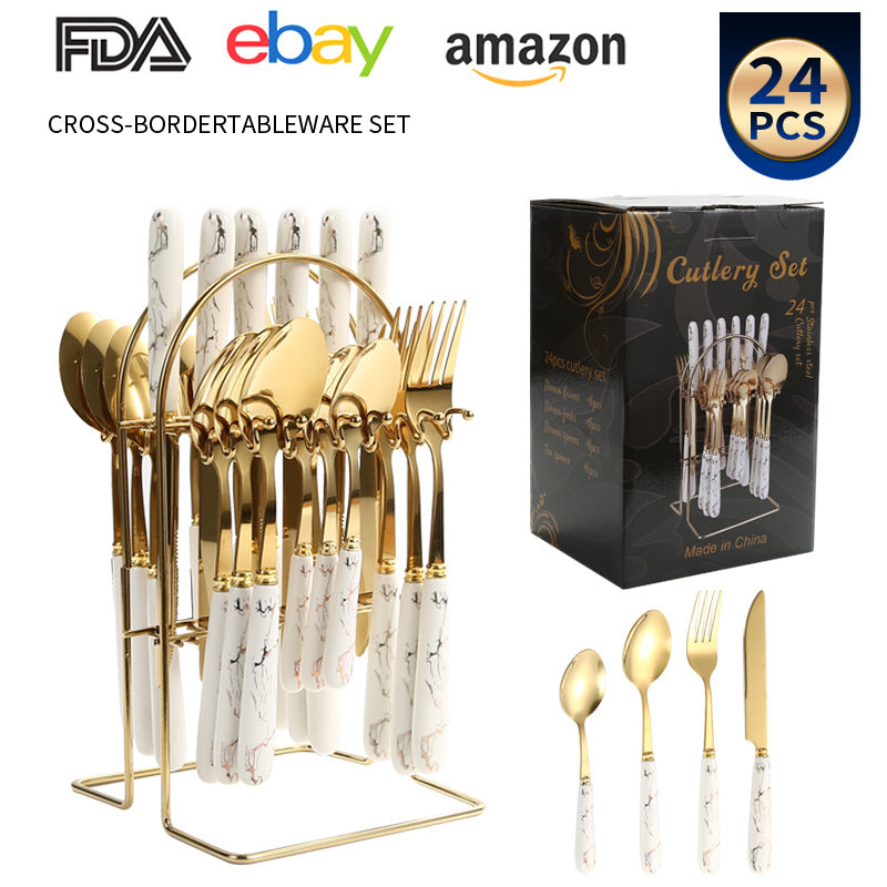 Amazon Cross-border Stainless Steel Tableware 24 Piece Set Marble Pattern Knife Fork Spoon Set Imitation Ceramic Handle Wholesale Ins