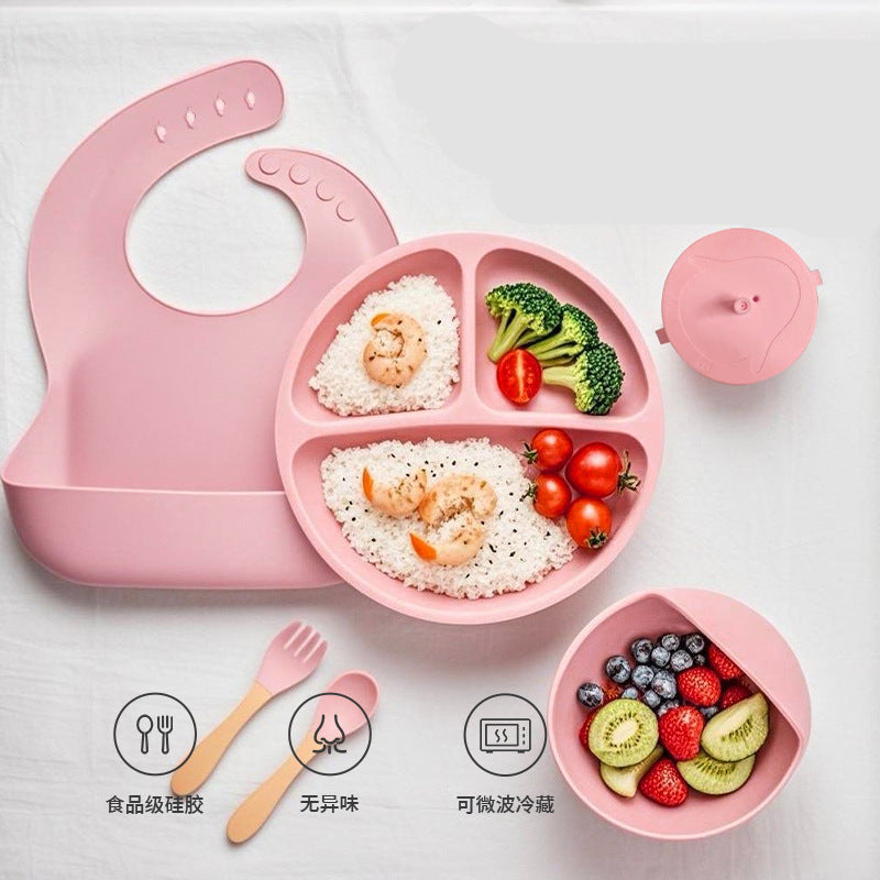 Amazon's Best-Selling Children's Tableware Set, Smiley Face Silicone Dinner Plate, Baby Food Bowl, Bib, Spoon And Fork Wholesale
