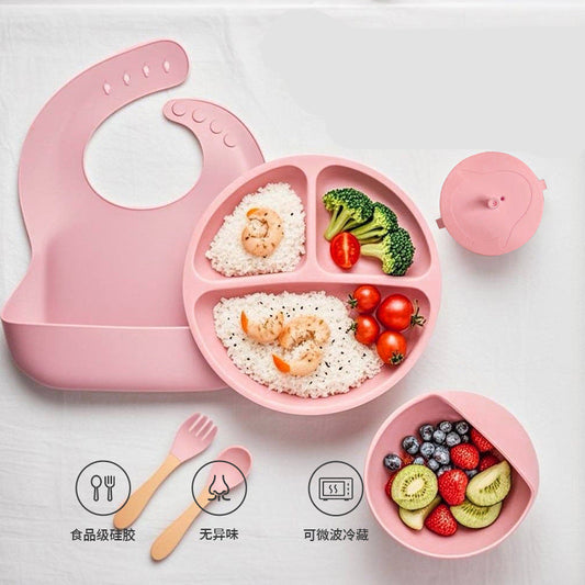 Amazon's Best-Selling Children's Tableware Set, Smiley Face Silicone Dinner Plate, Baby Food Bowl, Bib, Spoon And Fork Wholesale