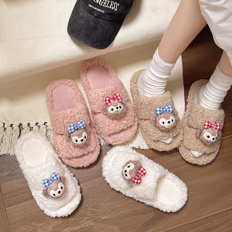 Autumn And Winter Cute Cartoon Plush Warm Home Indoor Cotton Slippers Women's One Word Non-slip Fluffy Slippers Women's Winter