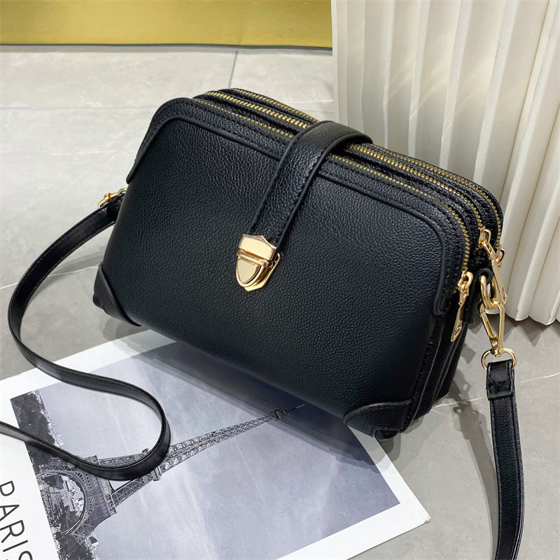 2022 New Pure Color Multi-Layer Splicing Soft Leather Texture Large Capacity Single Shoulder Crossbody Simple Cross-Border Women's Bag Small Bag