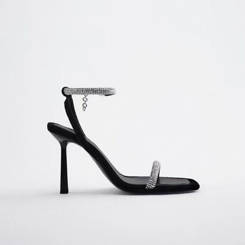 Large Size Foreign Trade Rhinestone High-Heeled Sandals For Women Summer New Cross-Border Square Toe Open Toe Elegant European And American One-Strap Sandals