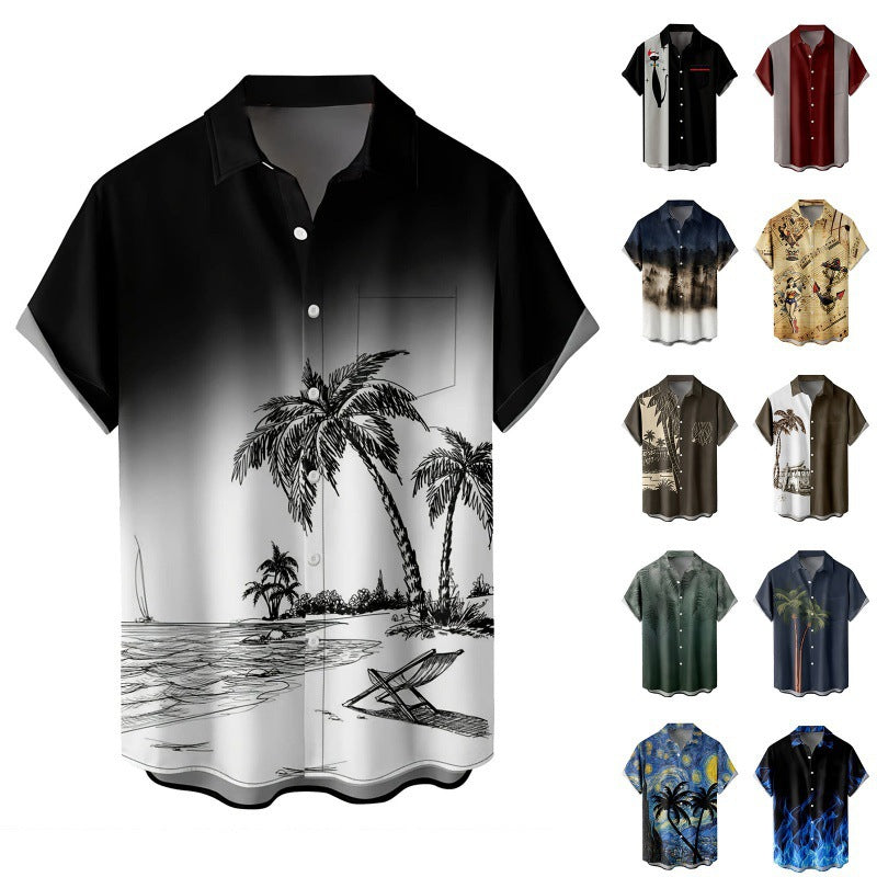 Hawaii Summer Hot Sale European And American Cross-Border Foreign Trade 3D Printed Men's Short-Sleeve Turn-Down Collar Pocket Shirt Direct Shipment
