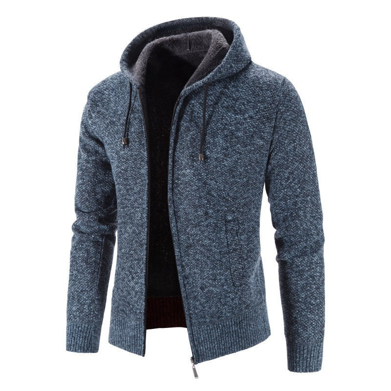 2024 Foreign Trade New Autumn And Winter Fleece-lined Thickened Plus Size Men's Sweater Coat Hooded Zipper Cardigan Warm Sweater